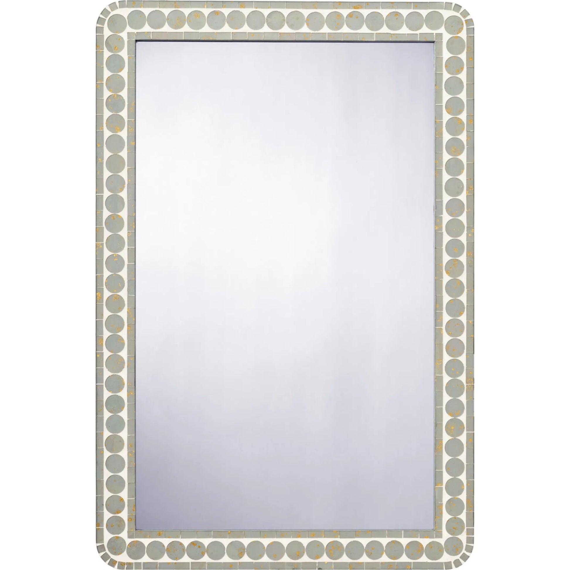 Penny Mirror by Jamie Young in green and sage green, gold foil. Made from wood in a unique style.