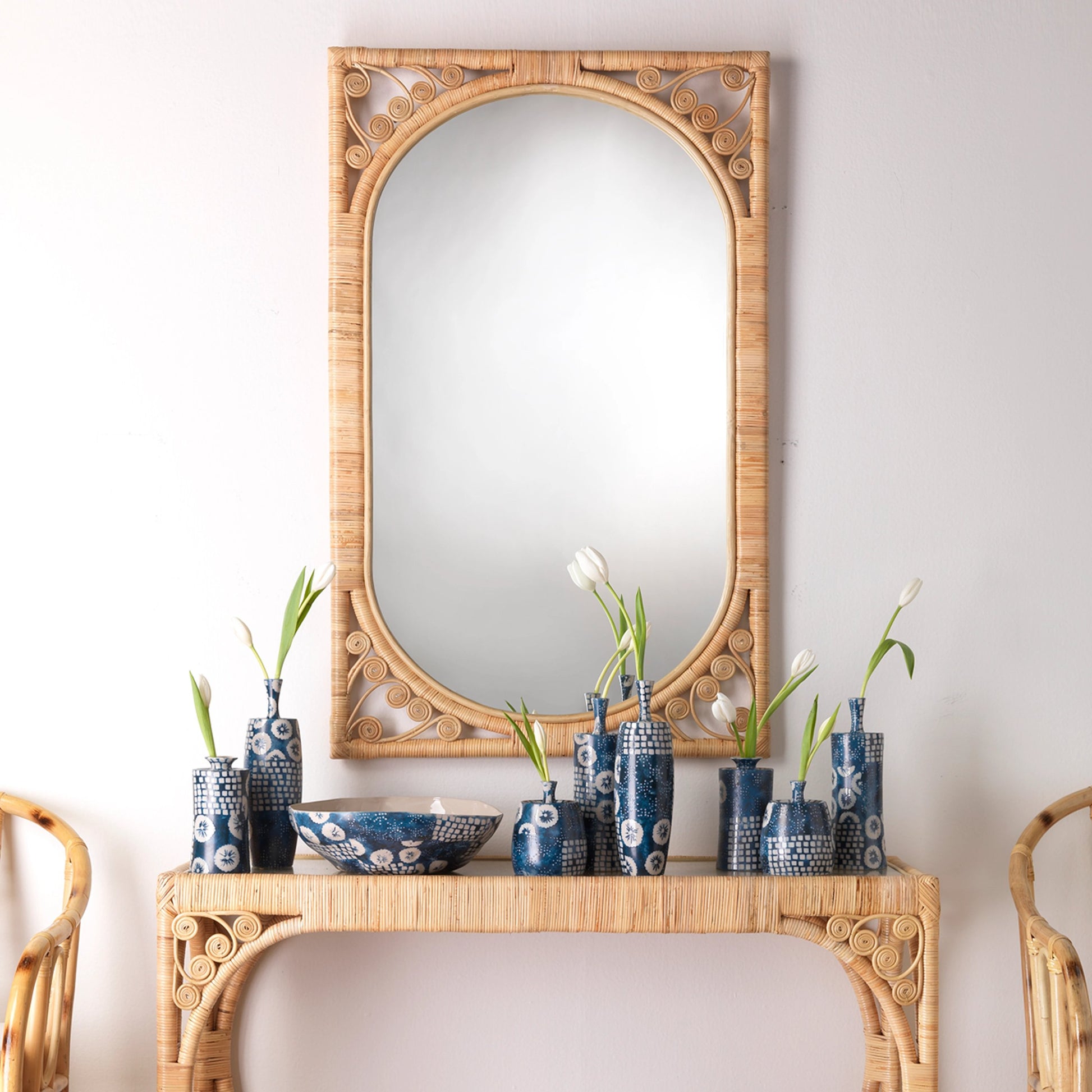 Primrose Mirror by Jamie Young. Made from rattan in a cottage & farmhouse style.