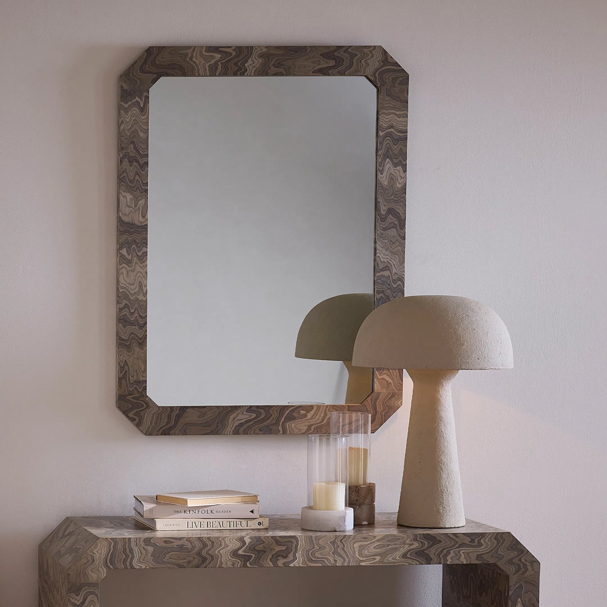 Ravine Mirror by Jamie Young in grey and sand grey. Made from wood in a unique style.