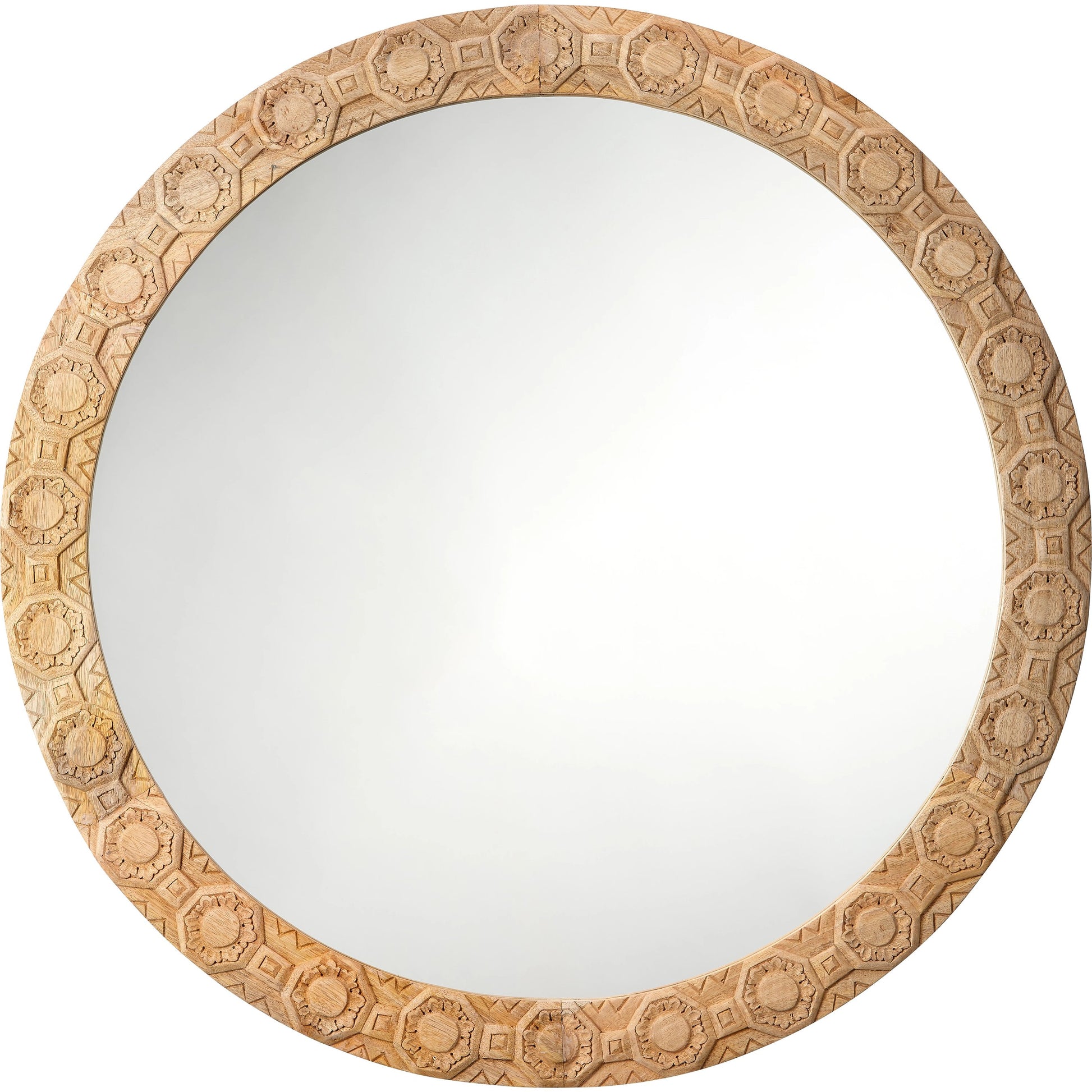 Relief Carved Round Mirror by Jamie Young. Made from wood in a modern style.