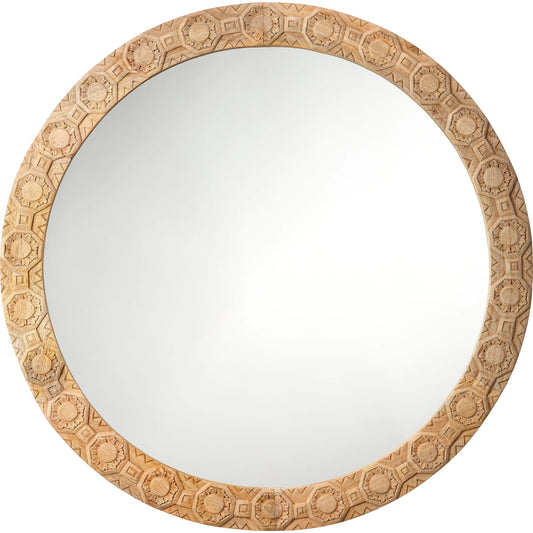 Relief Carved Round Mirror by Jamie Young. Made from wood in a modern style.