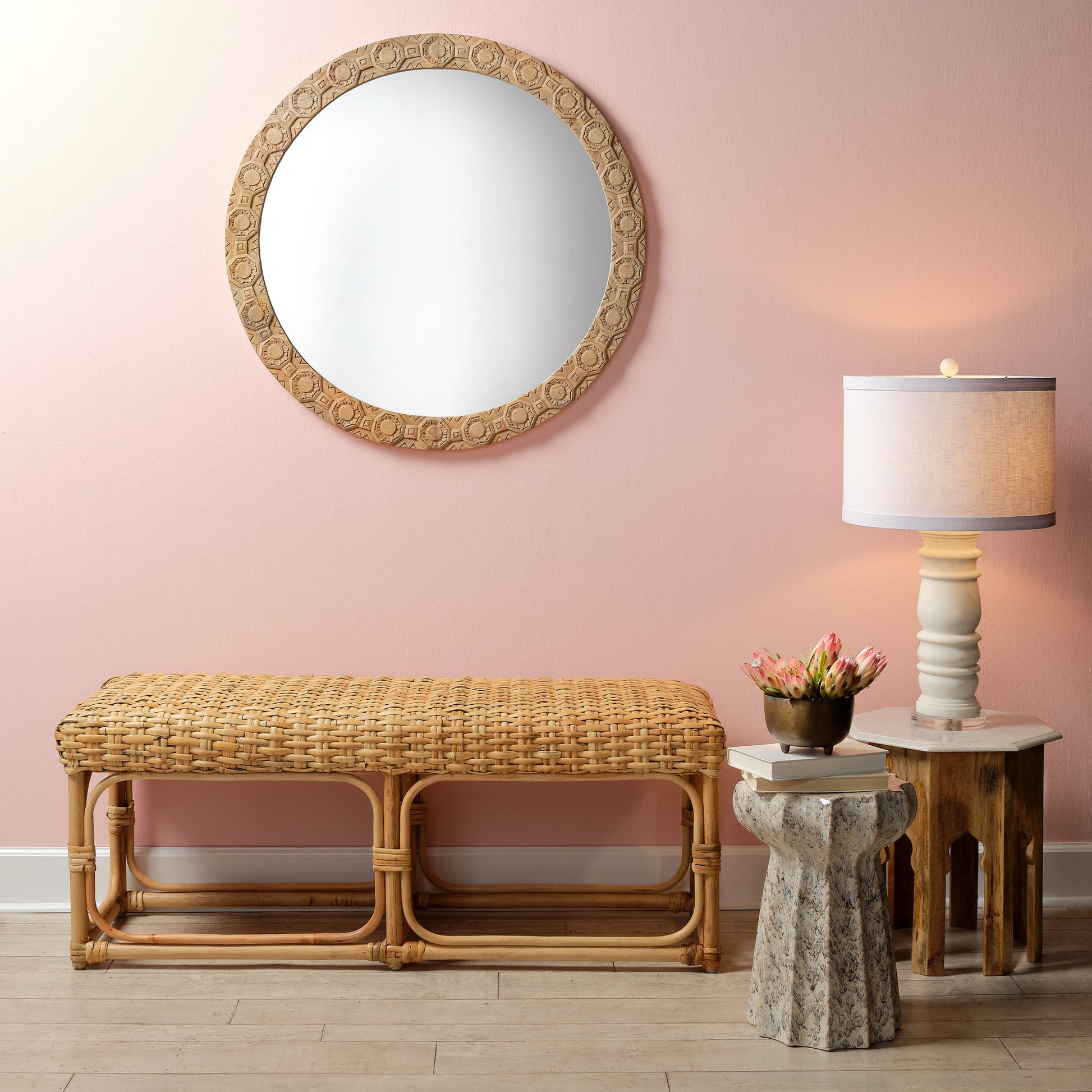 Relief Carved Round Mirror by Jamie Young. Made from wood in a modern style.
