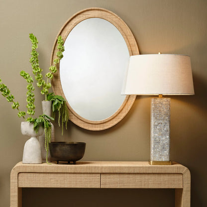 Valley Mirror by Jamie Young. Made from raffia, glass mirror, mdf in a modern style.