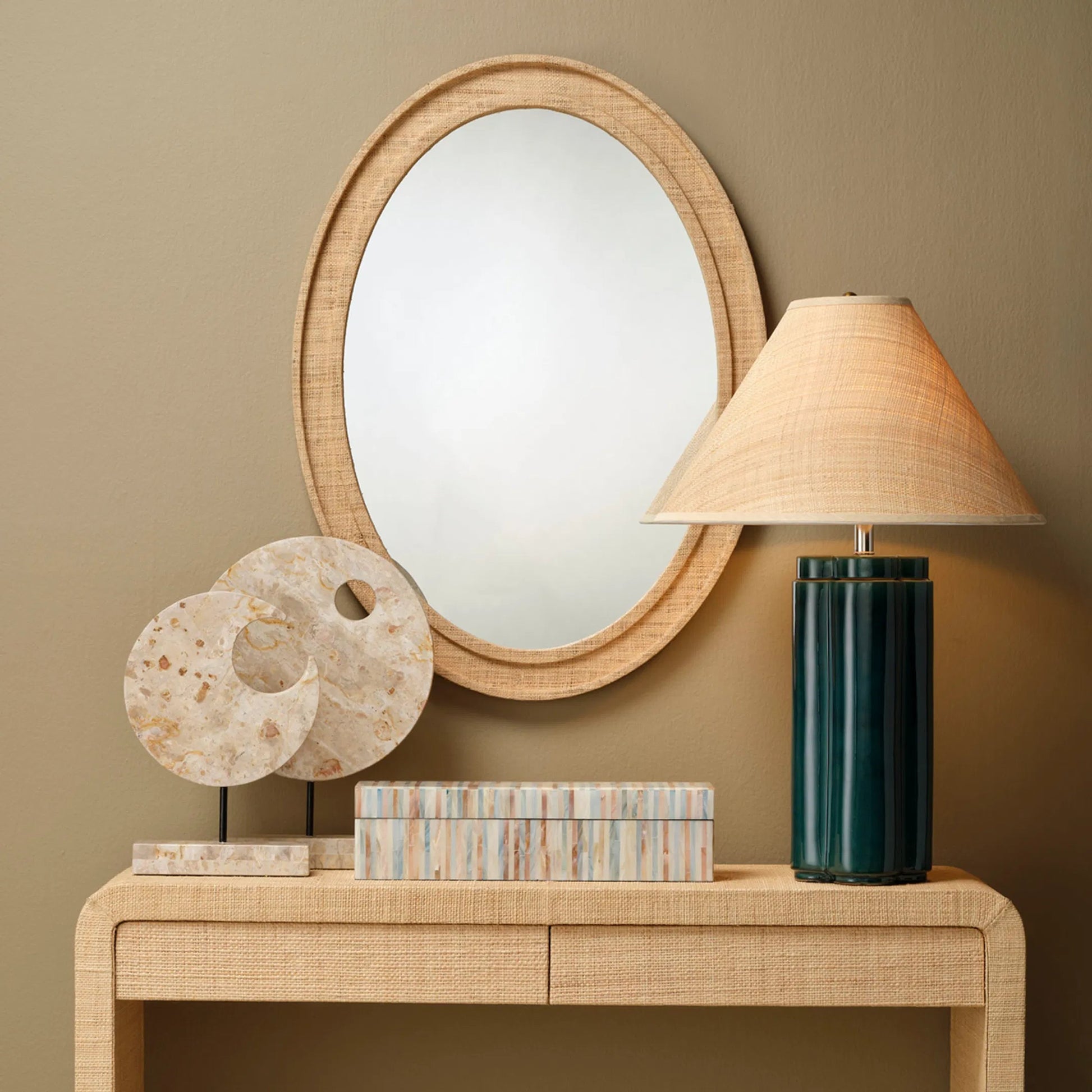 Valley Mirror by Jamie Young. Made from raffia, glass mirror, mdf in a modern style.