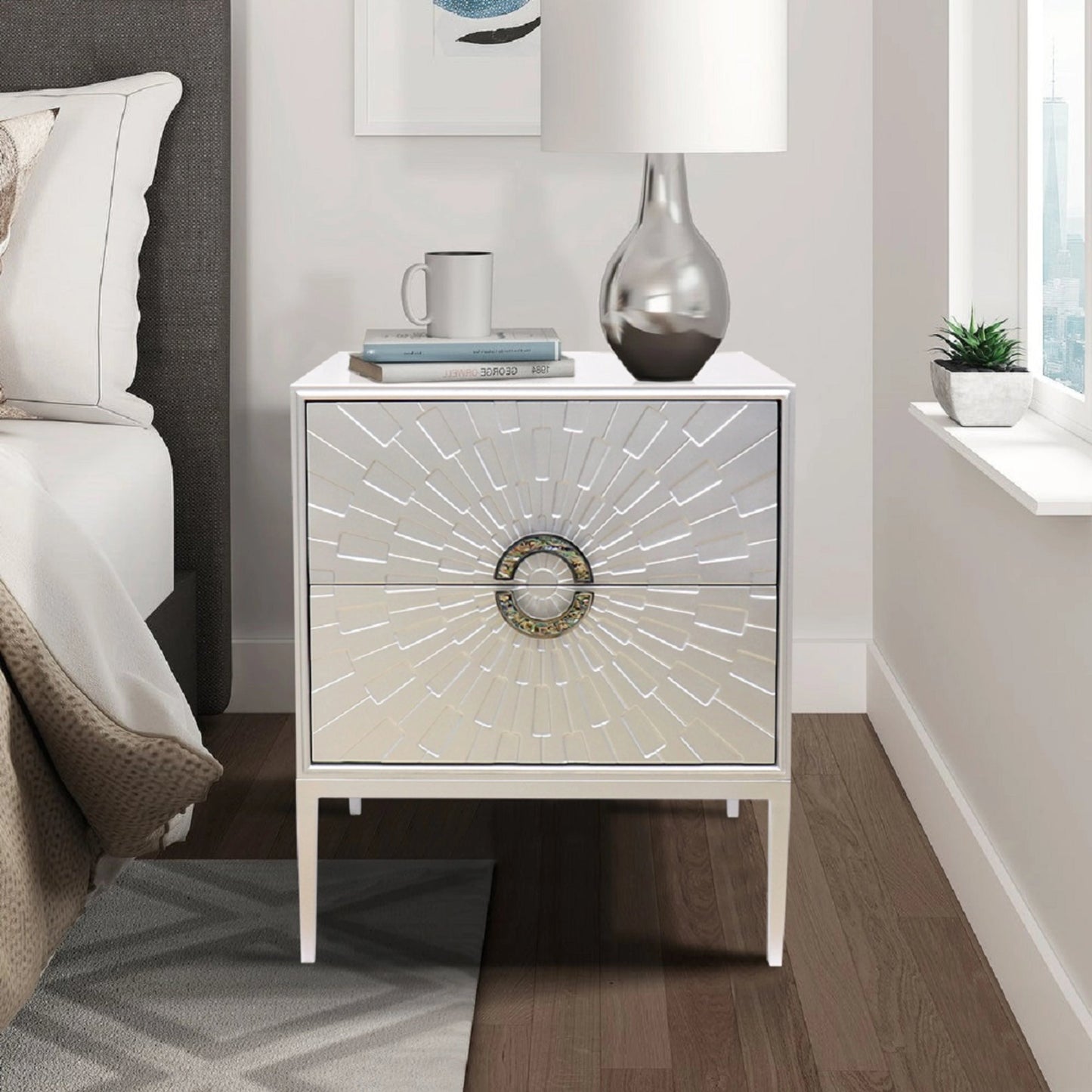 009 SI-2030338 | Lifestyle | Luna Nightstand by Pasargad Home in silver. Made from wood, metal in a modern style.