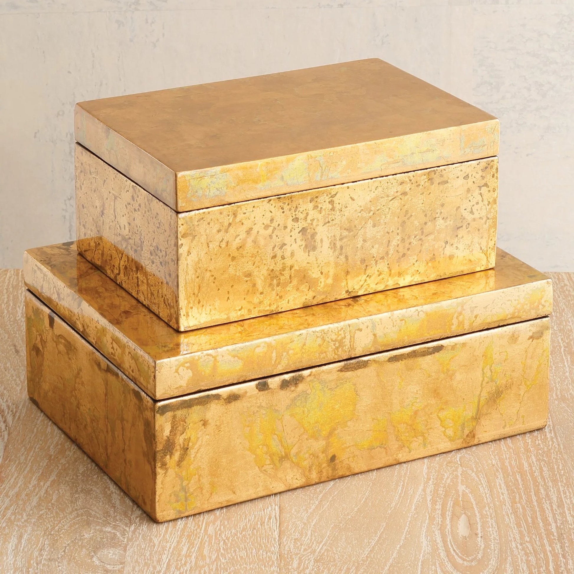 Luxe Leaf Box by Global Views in vietnamese lacquer, gold leaf. Made from mdf in a transitional style.