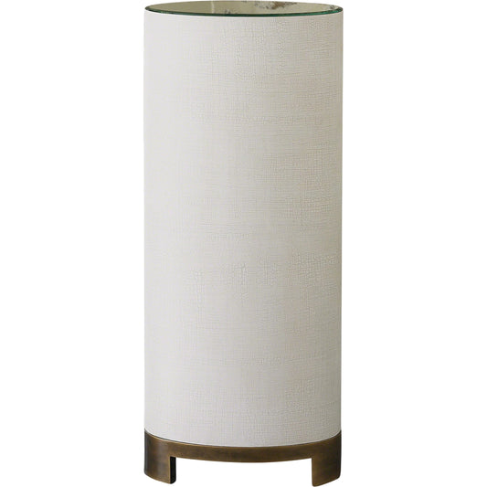 Ellipse Pedestal by Global Views in antique brass, acacia. Made from american white oak, belgian linen, glass, steel in a transitional style.