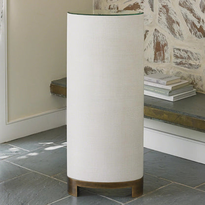 Ellipse Pedestal by Global Views in antique brass, acacia. Made from american white oak, belgian linen, glass, steel in a transitional style.