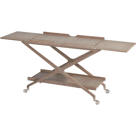 Campaign Bar by Global Views in gray cerused ash, nickel, ash, acacia. Made from ash, mdf, grasscloth, brass in a transitional style.