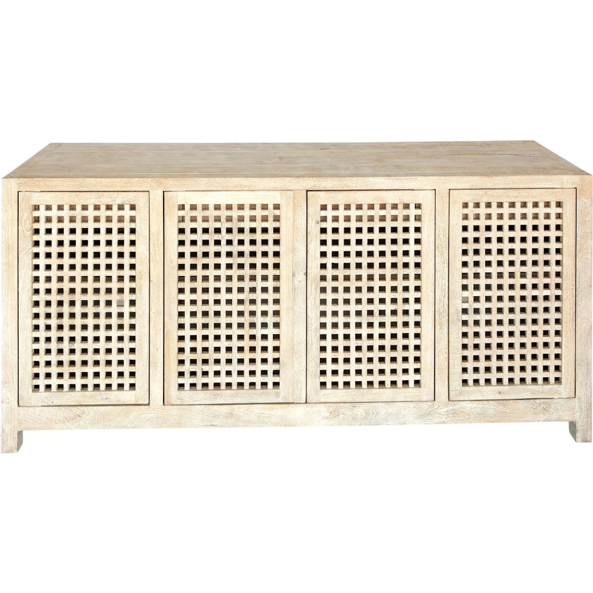 Driftwood Lattice Credenza by Global Views in white washed. Made from mango, mdf in a coastal style.