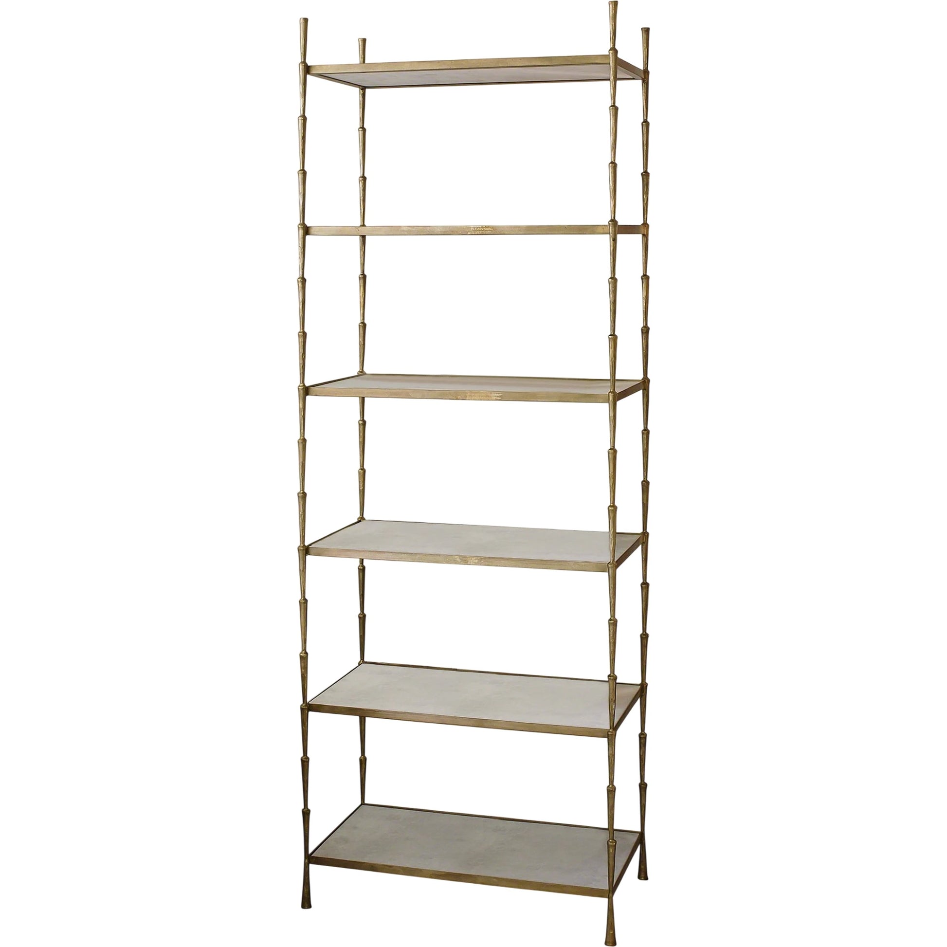 Spike Etagere by Global Views in antique brass. Made from iron, white marble in a transitional style.