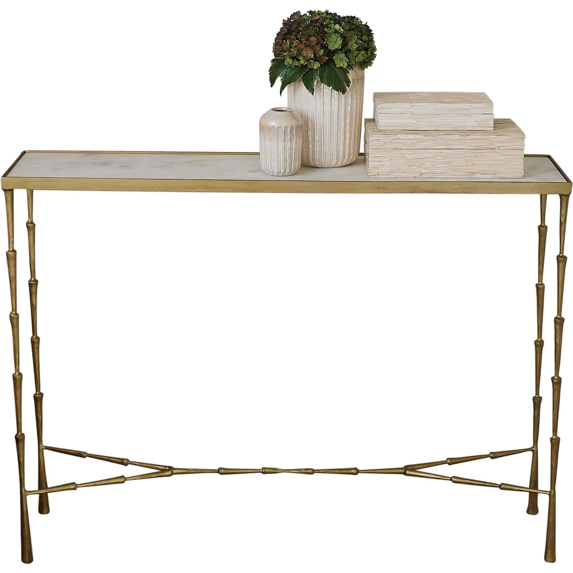Spike Console by Global Views in antique brass. Made from iron, white marble in a transitional style.