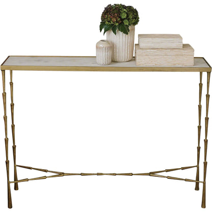 Spike Console by Global Views in antique brass. Made from iron, white marble in a transitional style.