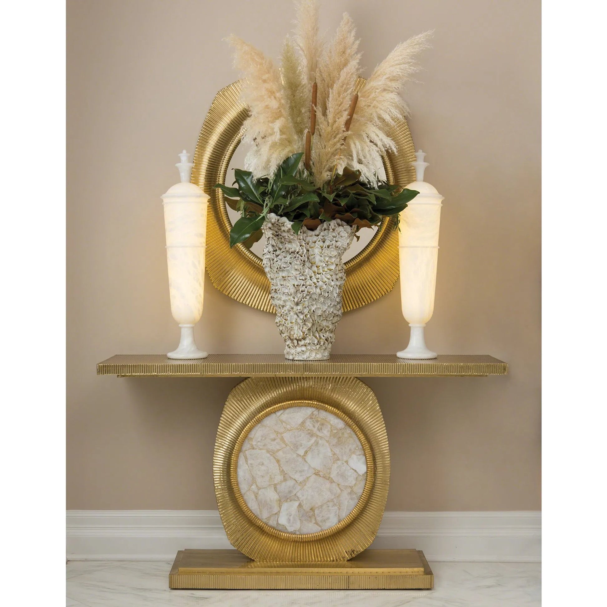Opera Fluted Console by Global Views in gold. Made from mdf, brass sheet, quartz in a modern style.