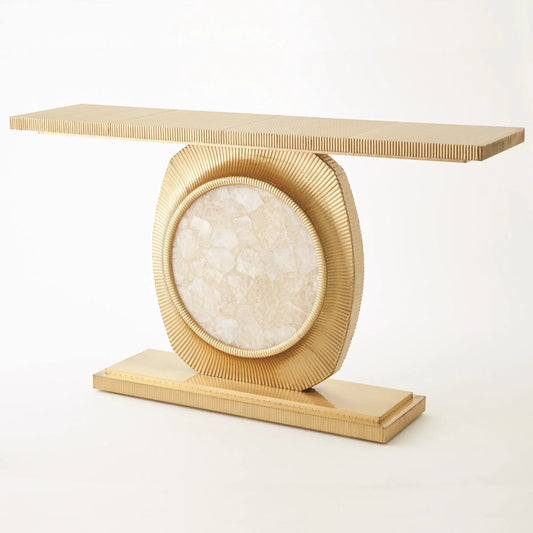 Opera Fluted Console by Global Views in gold. Made from mdf, brass sheet, quartz in a modern style.