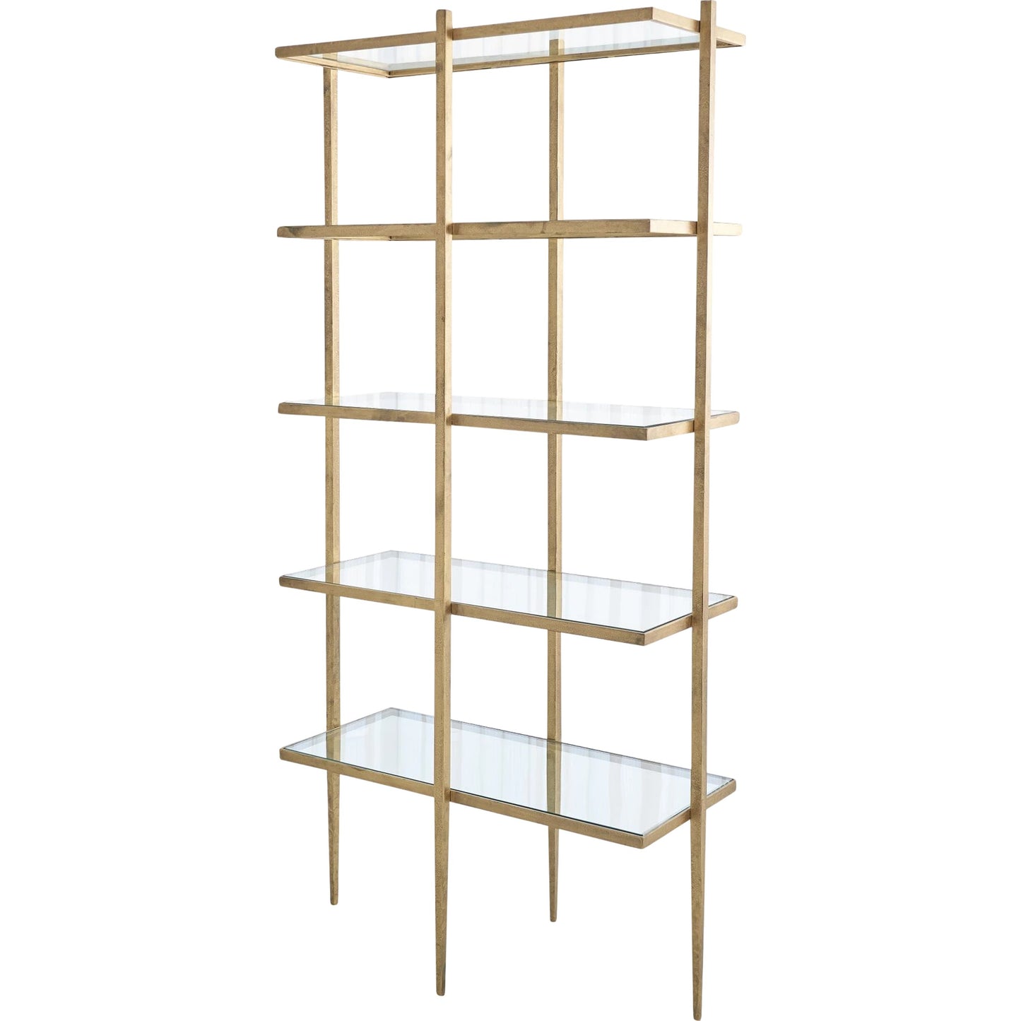 001 SR-701516 | Primary Silo | Laforge Etagere by Global Views in antique gold. Made from iron, tempered glass in a transitional style.