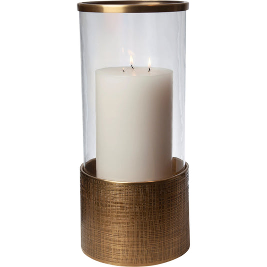 Plaid Etched Glass Hurricane by Global Views in antique brass. Made from brass, glass in a transitional style.