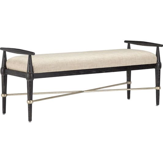 Perrin Bench by Currey and Company in natural and ebonized taupe, silver granello. Made from oak, iron, fabric in a transitional style.