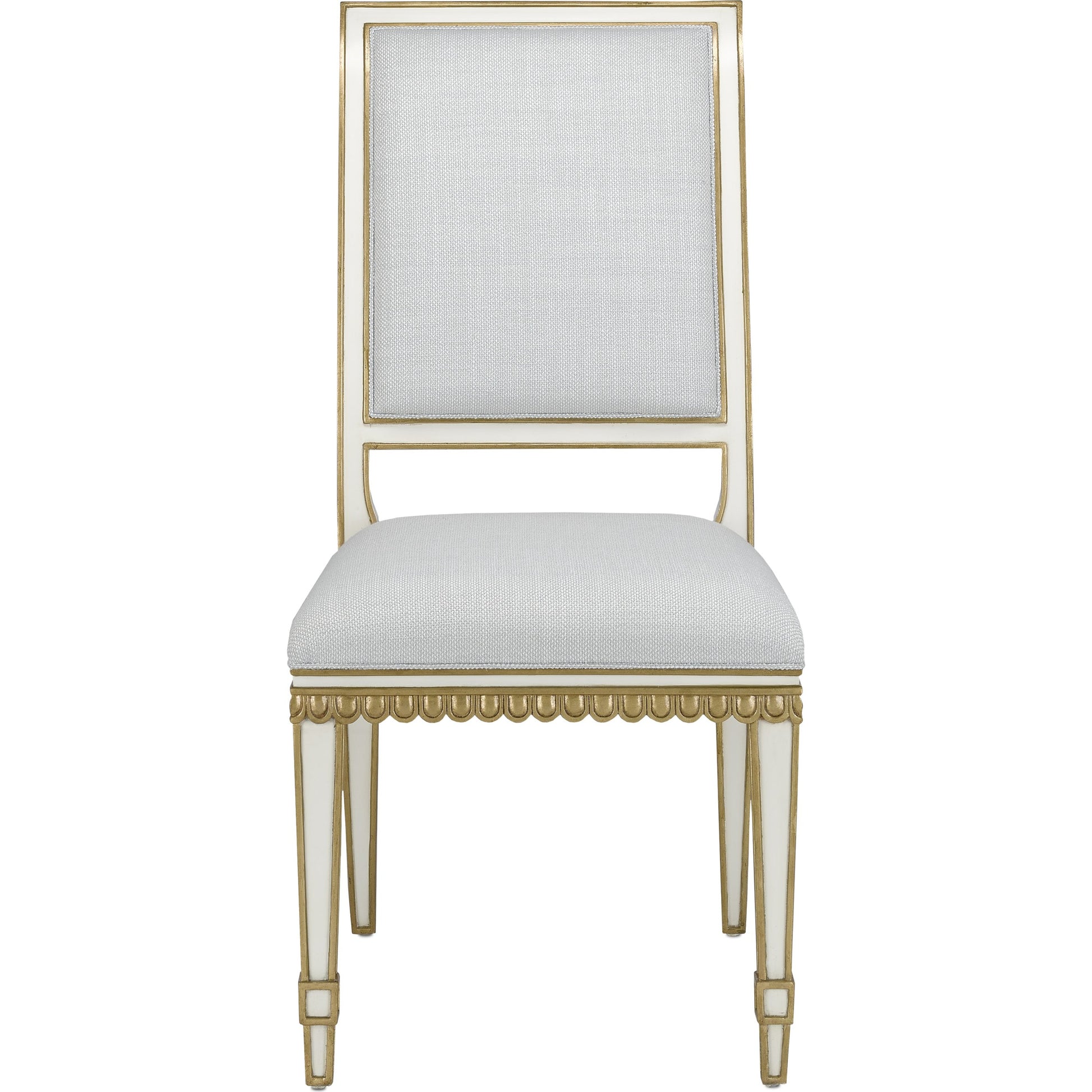 Ines Chair by Currey and Company in mixology moonstone and ivory, antique gold. Made from mahogany in a transitional style.