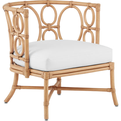 Tegal Chair by Currey and Company in vintage navy, indigo. Made from rattan, plywood, fabric, foam in a coastal style.