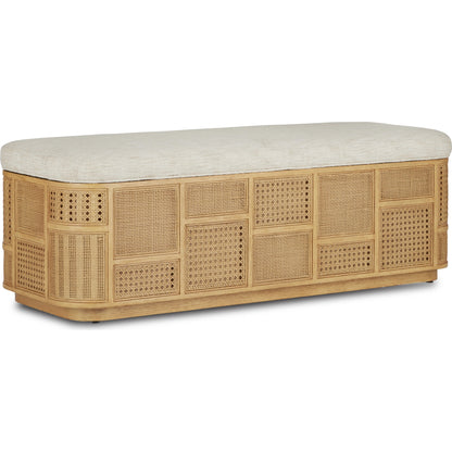 Anisa Parchment Storage Bench by Currey and Company. Made from oak, rattan weave in a cottage & farmhouse style.