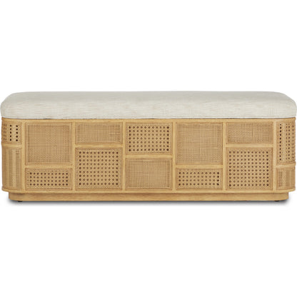 Anisa Parchment Storage Bench by Currey and Company. Made from oak, rattan weave in a cottage & farmhouse style.