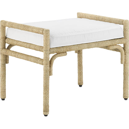 Olisa Ottoman by Currey and Company in pearl. Made from abaca rope, wrought iron, fabric in a coastal style.