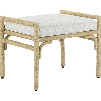 Olisa Ottoman by Currey and Company in pearl. Made from abaca rope, wrought iron, fabric in a coastal style.