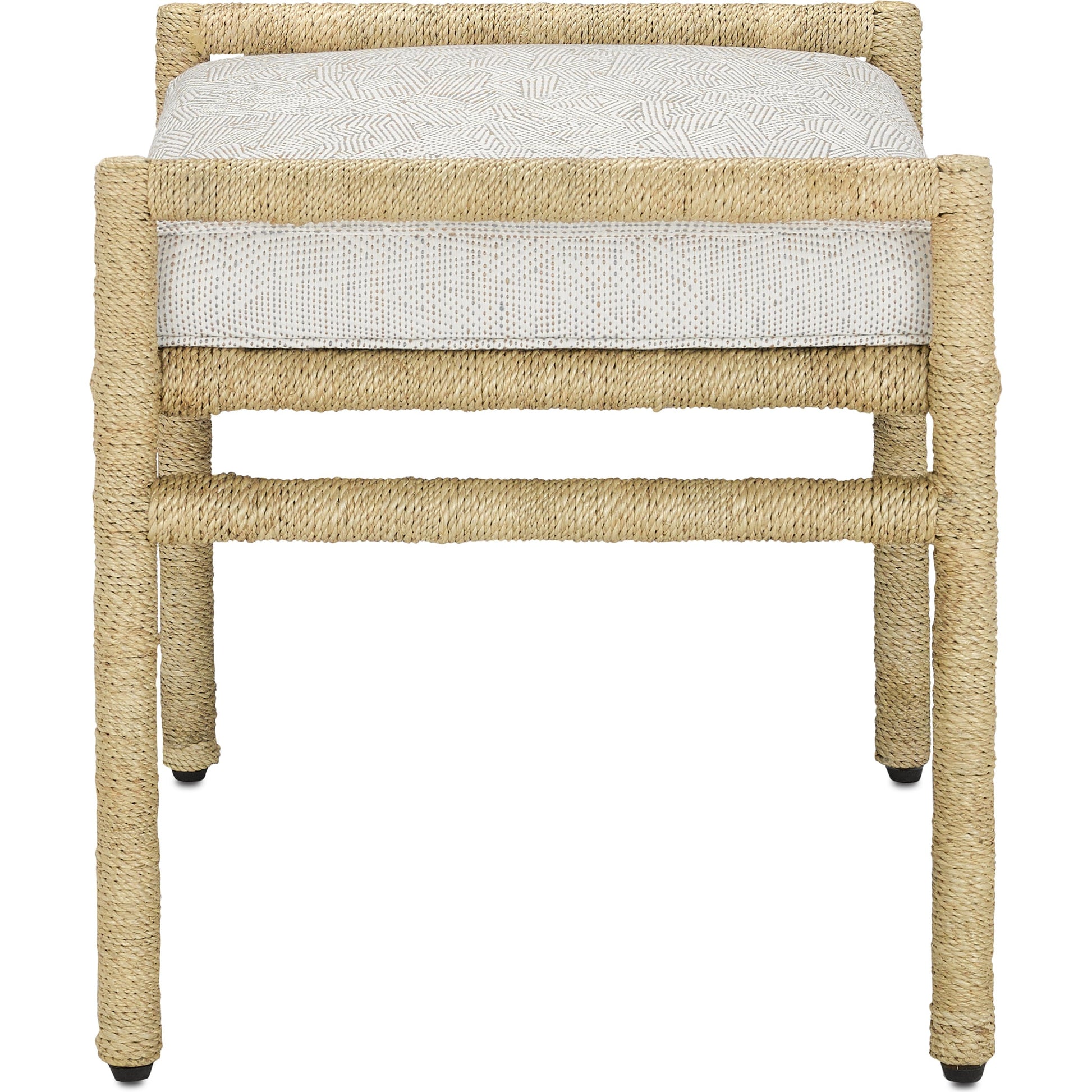 Olisa Ottoman by Currey and Company in pearl. Made from abaca rope, wrought iron, fabric in a coastal style.