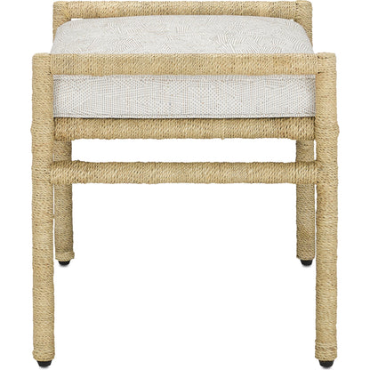 Olisa Ottoman by Currey and Company in pearl. Made from abaca rope, wrought iron, fabric in a coastal style.