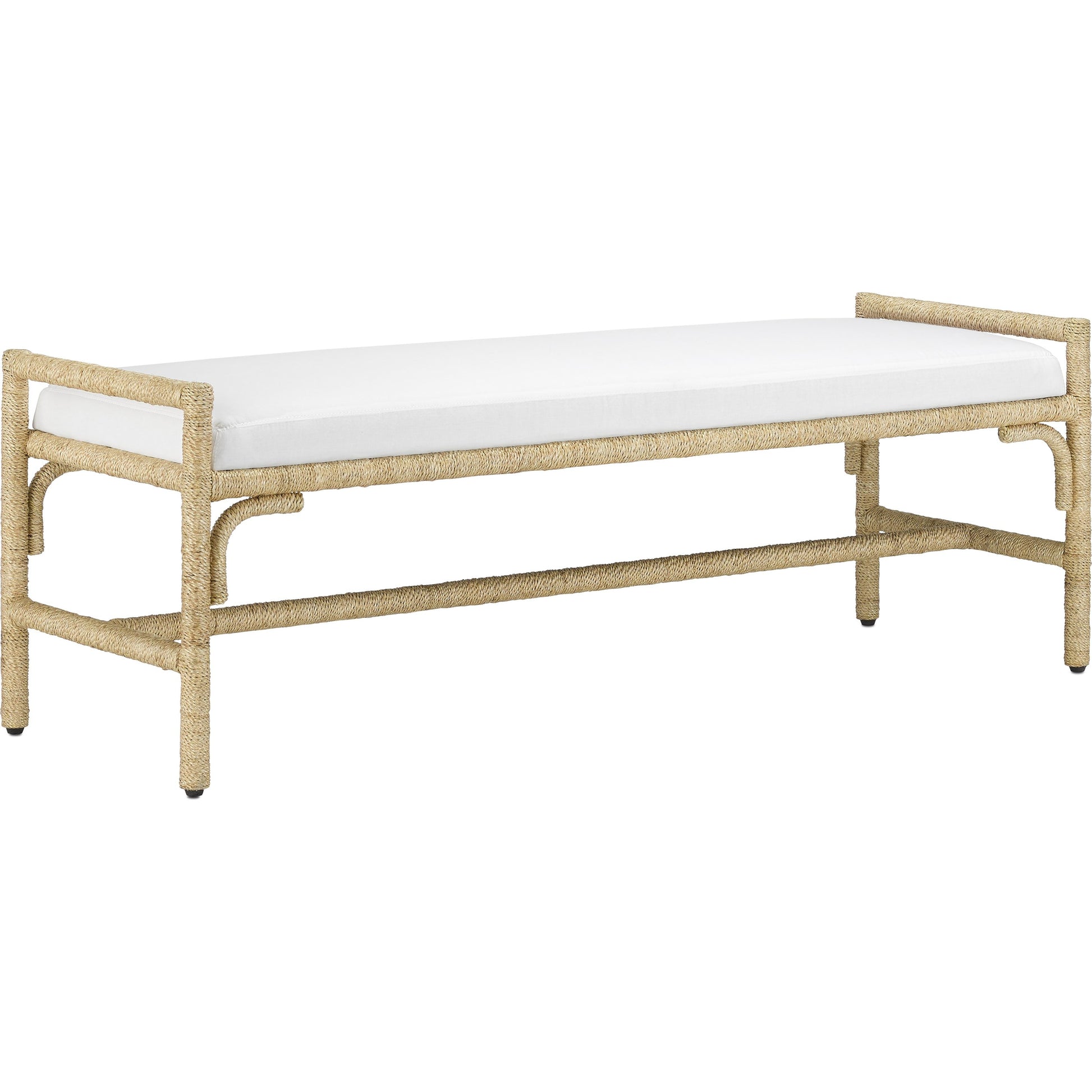 Olisa Bench by Currey and Company in pearl. Made from abaca rope, wrought iron, fabric in a coastal style.