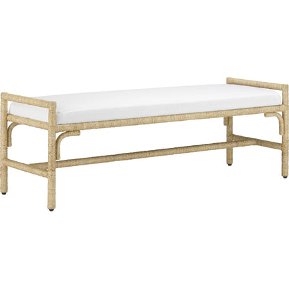 Olisa Bench by Currey and Company in pearl. Made from abaca rope, wrought iron, fabric in a coastal style.