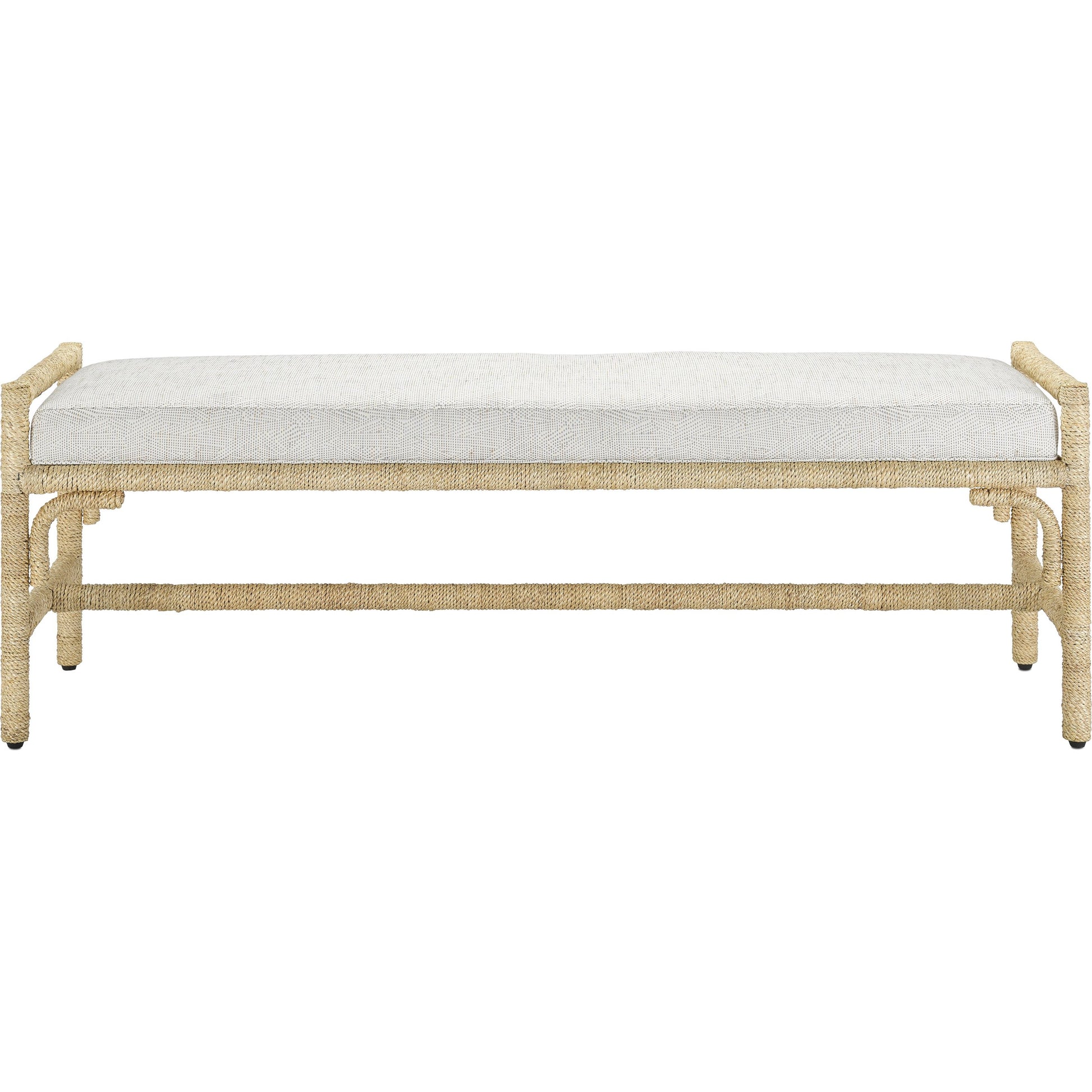 Olisa Bench by Currey and Company in pearl. Made from abaca rope, wrought iron, fabric in a coastal style.