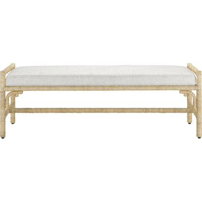 Olisa Bench by Currey and Company in pearl. Made from abaca rope, wrought iron, fabric in a coastal style.