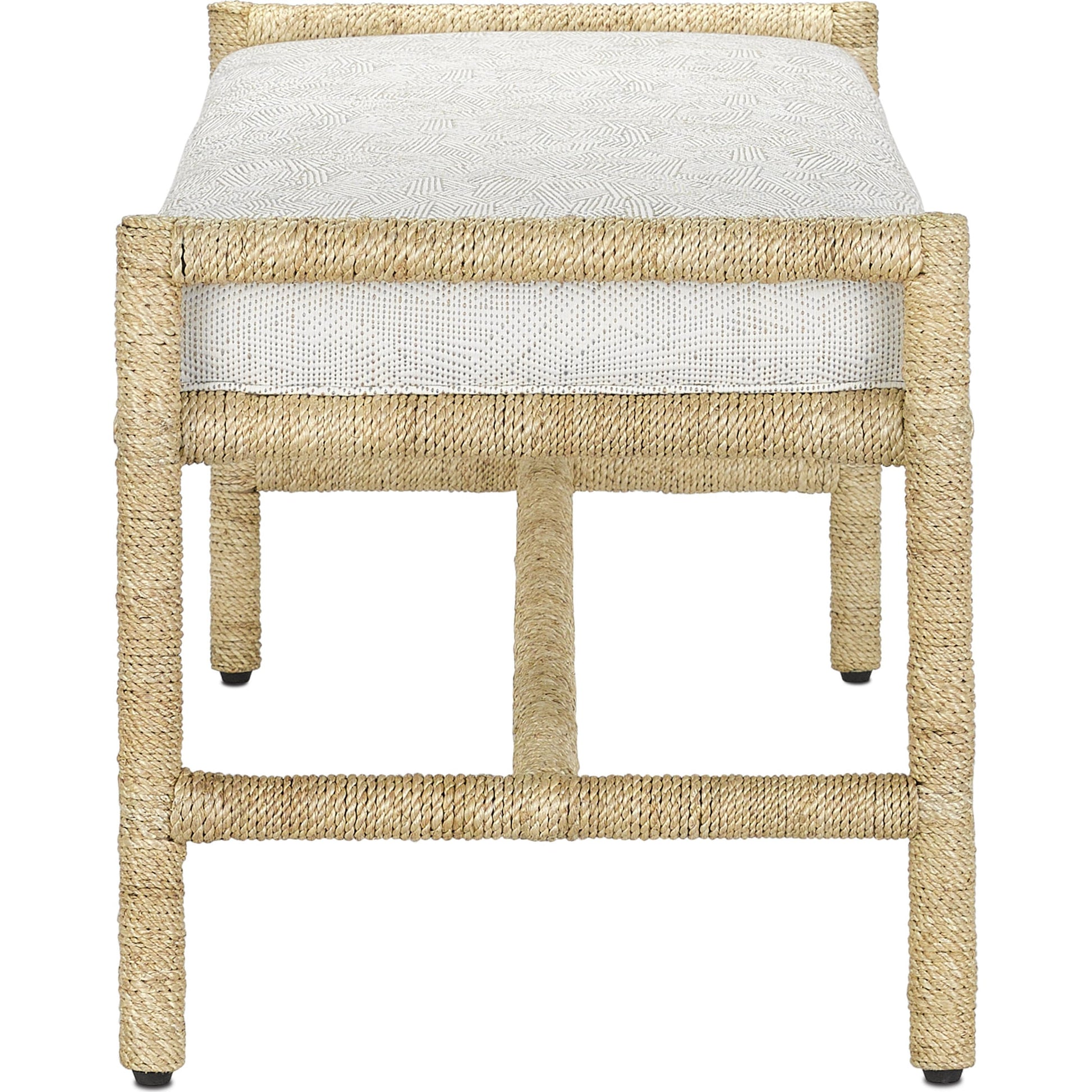 Olisa Bench by Currey and Company in pearl. Made from abaca rope, wrought iron, fabric in a coastal style.