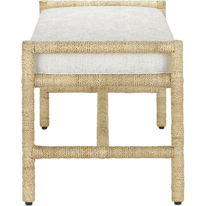 Olisa Bench by Currey and Company in pearl. Made from abaca rope, wrought iron, fabric in a coastal style.