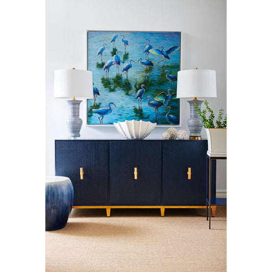 Beehive Urn Lamp by Chelsea House in blue, white glaze, antique brass. Made from ceramic in a coastal style.
