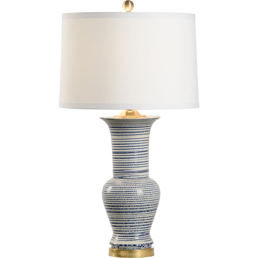 Beehive Urn Lamp by Chelsea House in blue, white glaze, antique brass. Made from ceramic in a coastal style.