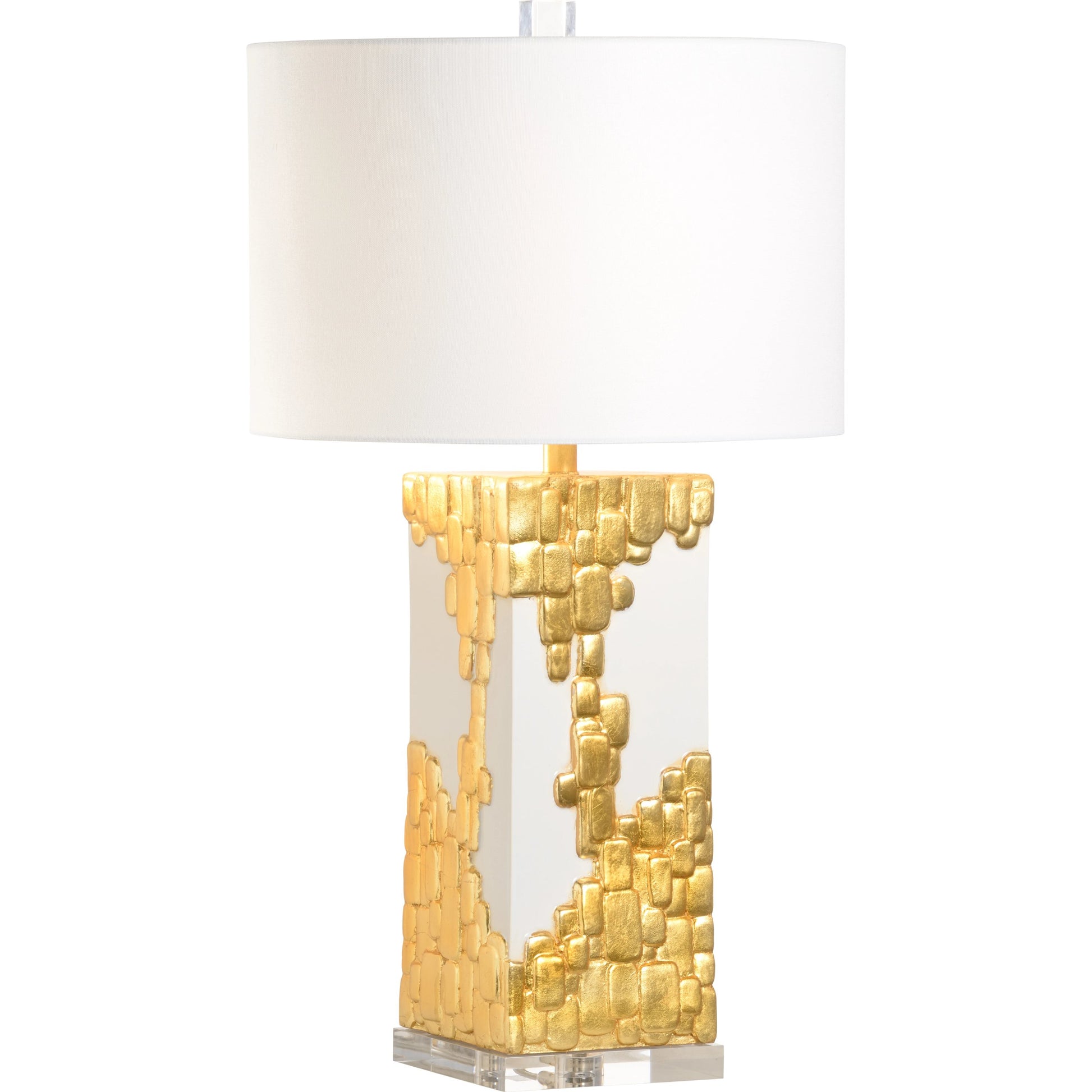 Tetris Lamp by Chelsea House in white glaze, gold leaf, clear. Made from ceramic in a modern style.