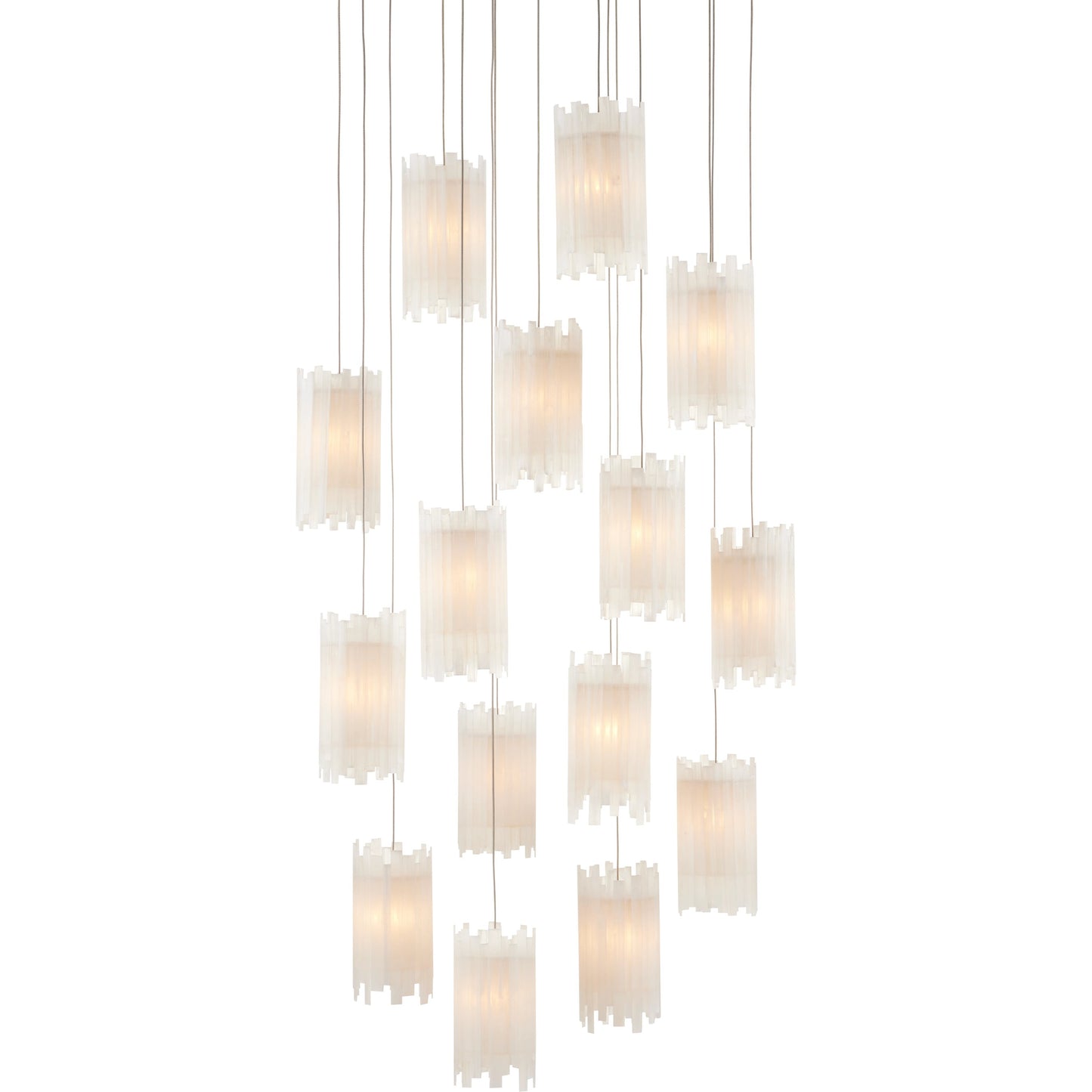 001 SI-1894296 | Primary Silo | Escenia Round 15-Light Multi-Drop Pendant by Currey and Company in natural selenite, silver. Made from selenite, frosted glass in a transitional style.