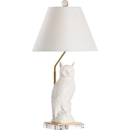 Hoot Lamp by Chelsea House in white glaze, gold leaf, clear. Made from unique in a unique style.