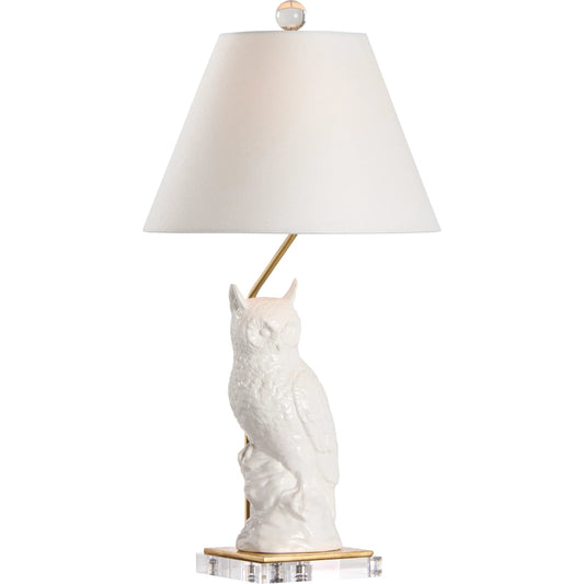 Hoot Lamp by Chelsea House in white glaze, gold leaf, clear. Made from unique in a unique style.