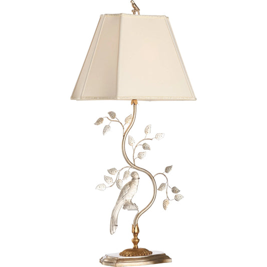 Crystal Bird Lamp by Chelsea House in antique silver leaf. Made from unique in a unique style.