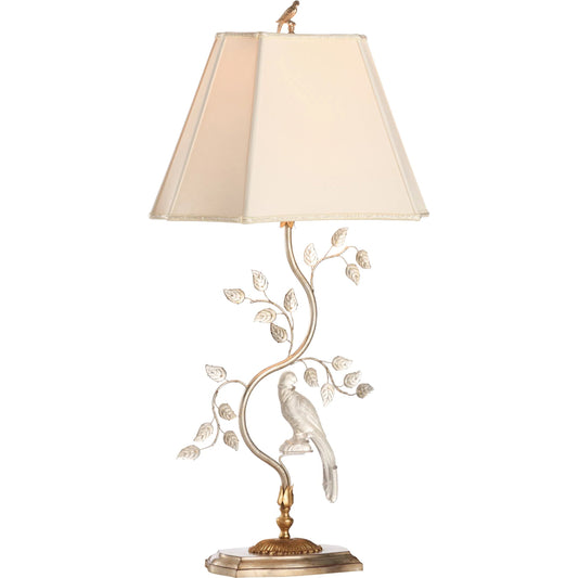 Crystal Bird Lamp by Chelsea House in antique silver leaf. Made from unique in a unique style.