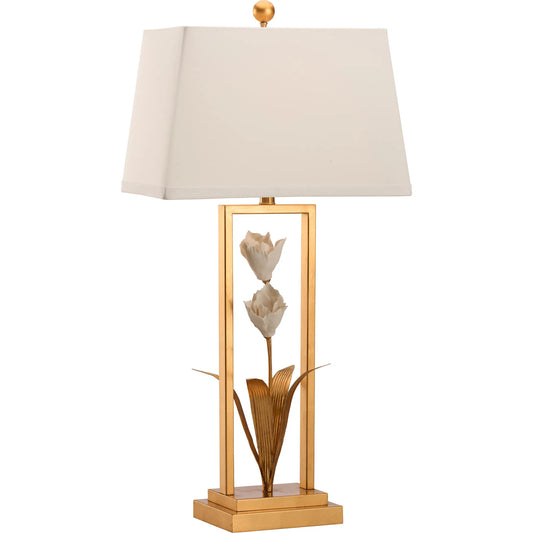 Cain Tulip Lamp by Chelsea House in antique gold leaf, matte white glaze. Made from unique in a unique style.