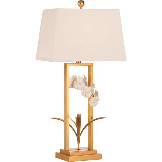 Cain Orchid Lamp by Chelsea House in antique gold leaf, matte white glaze. Made from unique in a unique style.