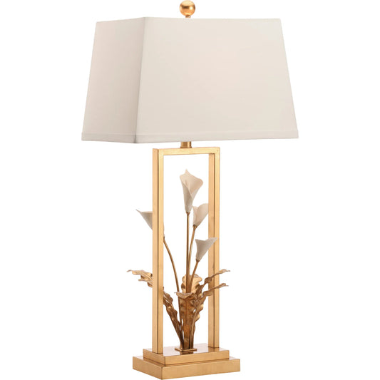 Cain Calla Lily Lamp by Chelsea House in antique gold leaf, matte white glaze. Made from unique in a unique style.