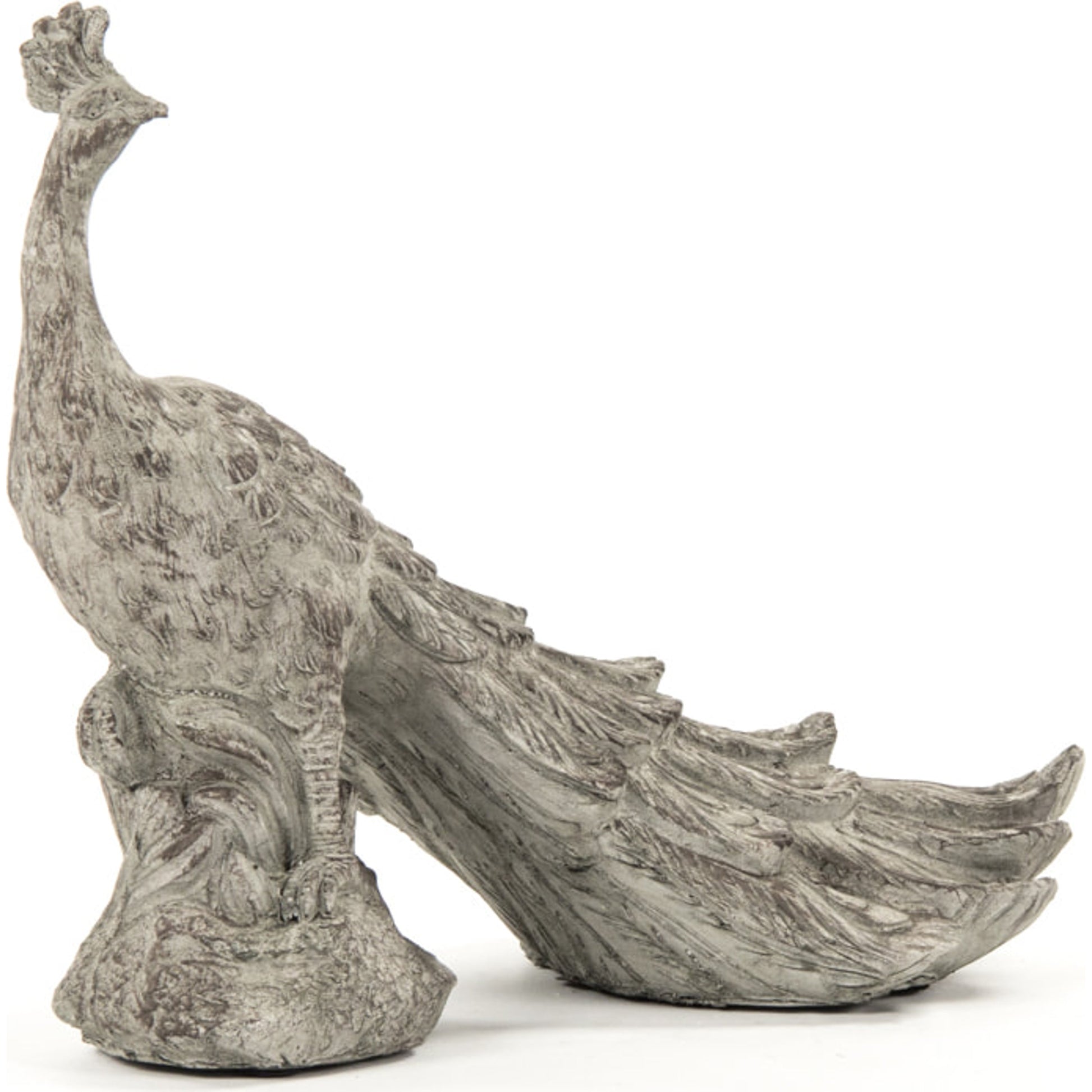 Resin Peacock Statue by Zentique in gray with white wash and resin. Made from resin in a cottage & farmhouse style.