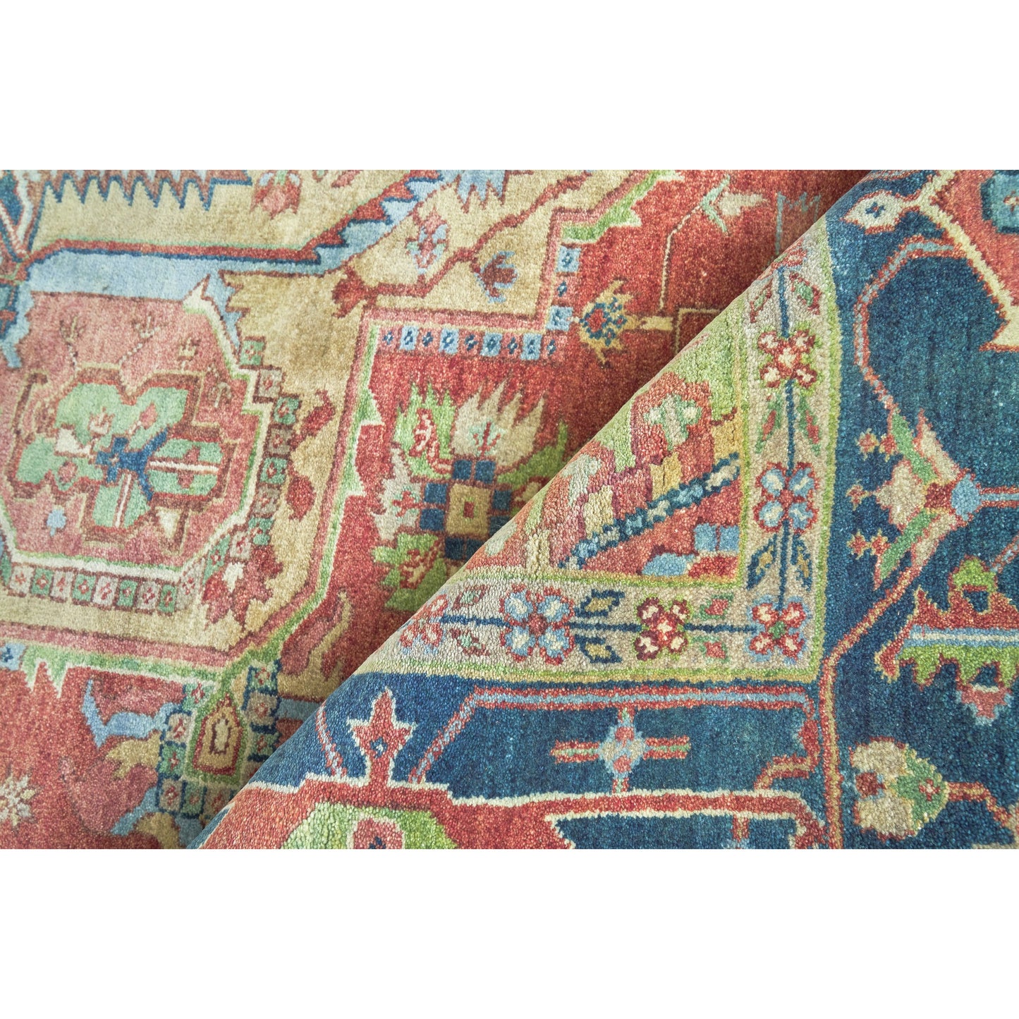 060 SI-2101969,SI-2293969 | Closeup | Antique Weave Geometric Serapi Rug by Exquisite Rugs in red, navy. Made from new zealand wool in a unique style.