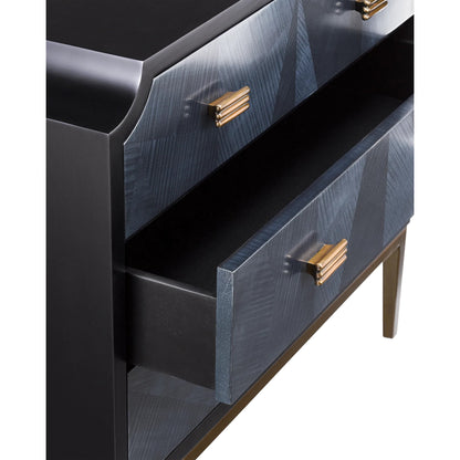 Kallista Chest by Currey and Company in dark sapphire, caviar black, antique brass. Made from sycamore veneer, mahogany, engineered hardwood, brass, iron in a traditional style.